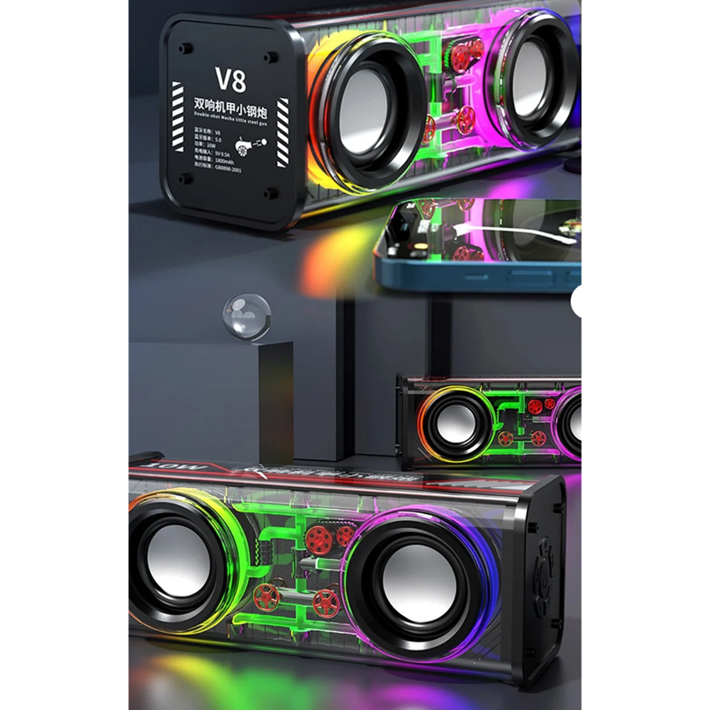 V8 Bluetooth Hoparlör RGB Led Taşınabilir Siyah Mini Ses Bombası